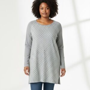 Lauren Ralph Lauren Mixed Fabric Long Sleeve Tunic Top Gray Print — 1X